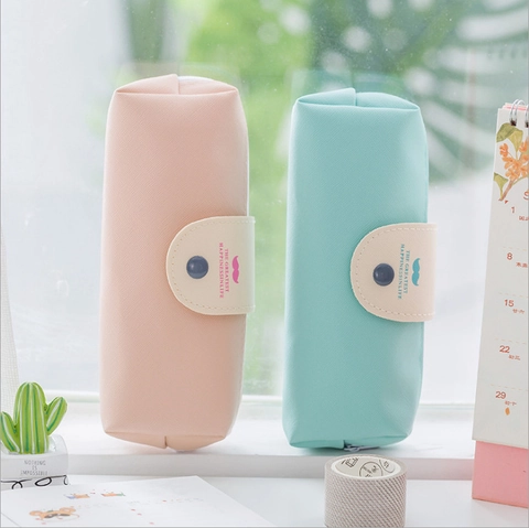 Fresh Mustache Pattern Large Capacity PU Leather Pencil Case Minimalist Stationery Storage Bag With Zipper Snap Button For Students Office School