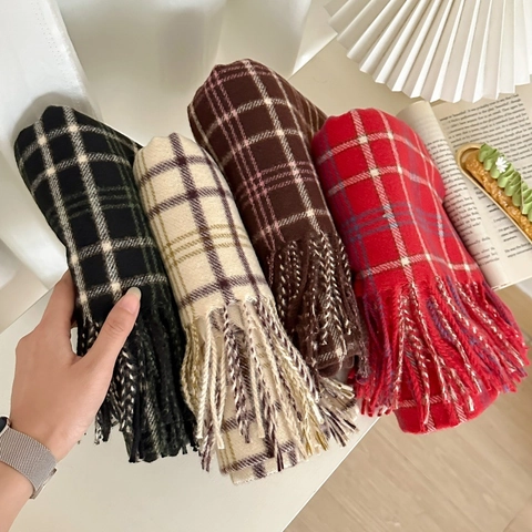 Damen Winter Karo Schal Shawl Weiches Polyester In Kaschmir Optik Warm Lang Elegant Kariert Mit Fransen Mode