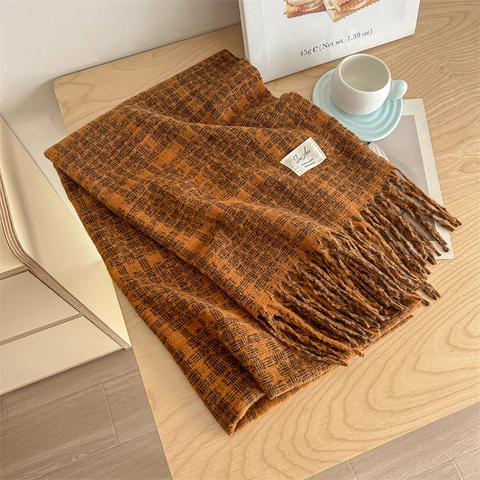 Winter Plaid Scarf For Women Soft Boucle Yarn Thick Warm Checkered Shawl With Tassels Retro Vintage Style