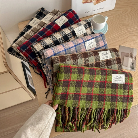 Women's Winter Plaid Imitation Cashmere Scarf Color Block Warm Tassel Shawl Academy Style Soft Neck Wrap For Everyday Use
