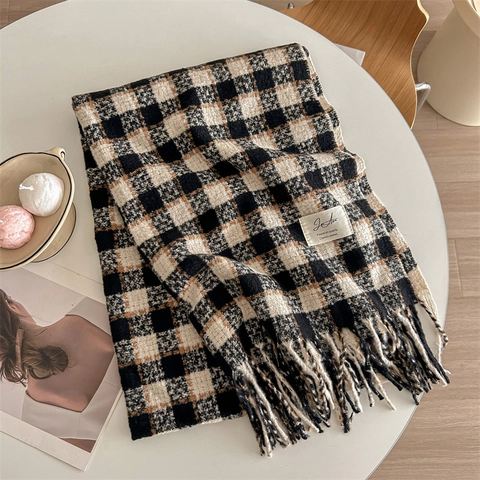 Women's Winter Plaid Imitation Cashmere Scarf Color Block Warm Tassel Shawl Academy Style Soft Neck Wrap For Everyday Use