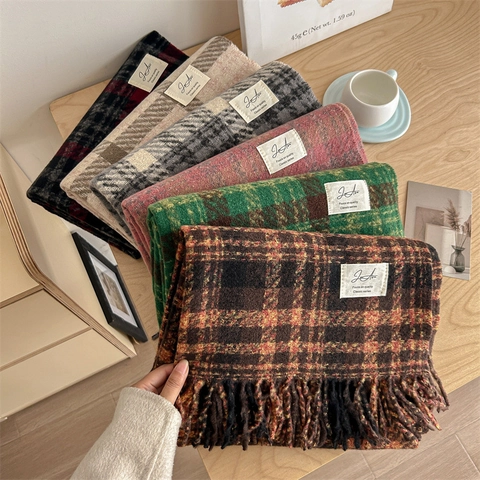 Damen Weich Kaschmir-Imitat Kariert Quasten Schal Winter Warm Lang Pashmina Stola Für Damen Preppy Stil Decke Schal