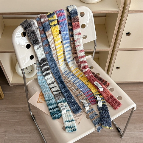 Damen Vintage Y2K Gestreifter Strick-Schmalschal Weich Warm Polyester Color Block Langer Halsschal Für Winter Alltag