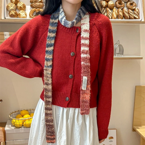 Damen Vintage Y2K Gestreifter Strick-Schmalschal Weich Warm Polyester Color Block Langer Halsschal Für Winter Alltag