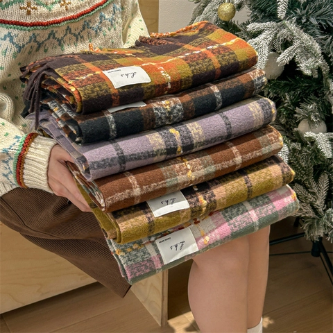 Women Vintage Plaid Tassel Scarf Winter Warm Faux Cashmere Soft Checkered Long Wrap Shawl With Fringe For Lady Casual Gift