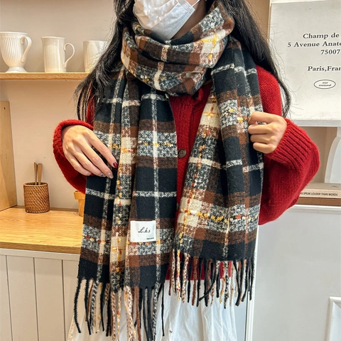Women Vintage Plaid Tassel Scarf Winter Warm Faux Cashmere Soft Checkered Long Wrap Shawl With Fringe For Lady Casual Gift