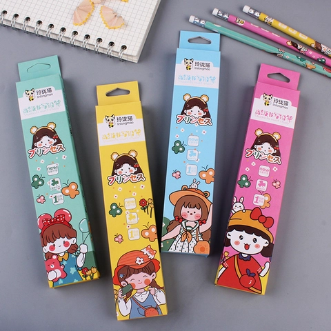 Lápices De Madera HB Con Borrador Patrón De Niña De Dibujos Animados Escritura Dibujo Papelería Para Estudiantes Niños