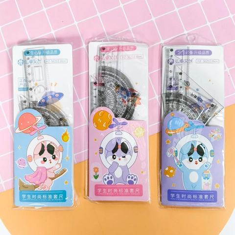 Cartoon Plastic Transparent Ruler Set Drawing Tools Triangle Ruler Protractor School Stationery For Kids Students Cute Pattern