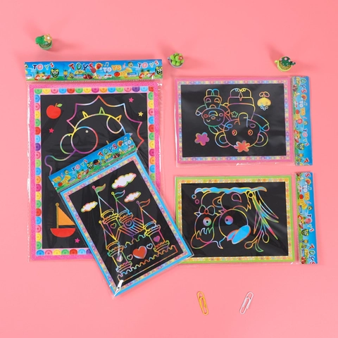 Rainbow Scratch Art Paper DIY Drawing Kit Cartoon Patterns Educational Crafts For Kids With Wooden Stylus Tools