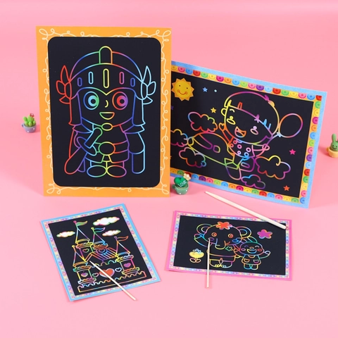 Rainbow Scratch Art Paper DIY Drawing Kit Cartoon Patterns Educational Crafts For Kids With Wooden Stylus Tools