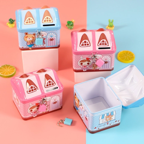 Cartoon House Shaped Tinplate Piggy Bank With Metal Lock And Keys Cute Money Storage Box Kids Desktop Decor Gift