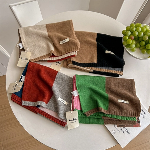Australian Wool Patchwork Knitted Scarf For Women Winter Warm Soft Color Block Wrap Pashmina Shawl Neck Warmer
