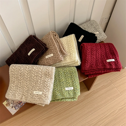 Women Winter Cable Knit Scarf Warm Solid Color Thick Knitted Long Scarf With Letter Label Preppy Style Soft Neck Warmer Shawl