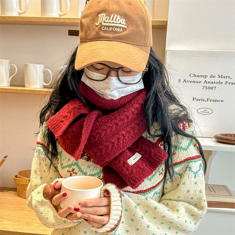 Women Winter Cable Knit Scarf Warm Solid Color Thick Knitted Long Scarf With Letter Label Preppy Style Soft Neck Warmer Shawl