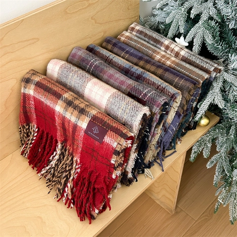 Damen Vintage Plaid Winterschal Warm Weich Kaschmir-ähnlich Fransen Schal Wrap Für Weihnachten Mode Dick Halstuch