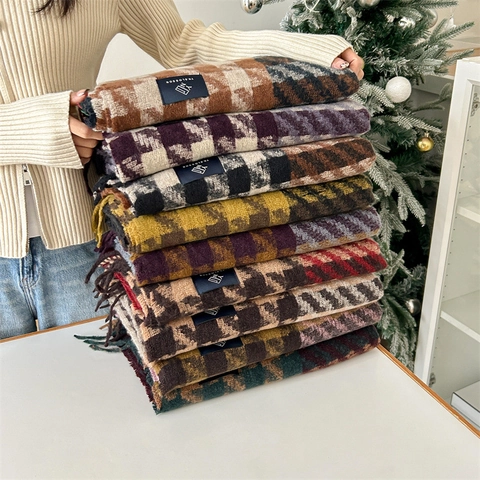 Women Winter Thick Imitation Cashmere Houndstooth Scarf Long Plaid Tassel Color Block Warm Shawl Wrap Neck Scarf Fashion Gift