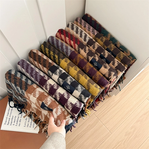 Women Winter Thick Imitation Cashmere Houndstooth Scarf Long Plaid Tassel Color Block Warm Shawl Wrap Neck Scarf Fashion Gift