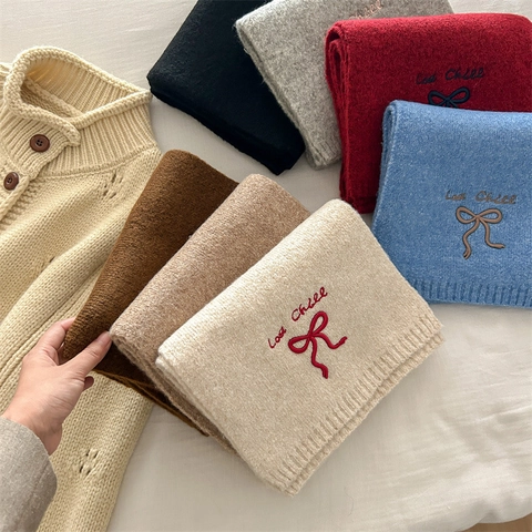 Women Knitted Bowknot Scarf Winter Warm Embroidery Letter Solid Color Soft Neck Warmer Casual Fashion Scarf Accessory