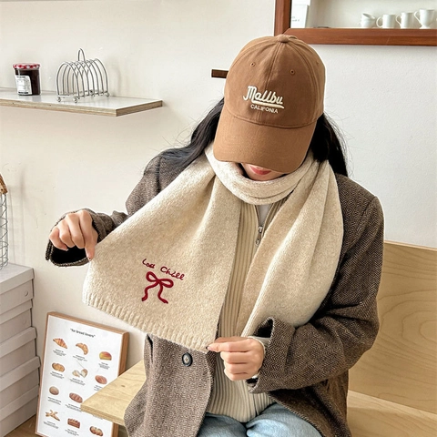 Women Knitted Bowknot Scarf Winter Warm Embroidery Letter Solid Color Soft Neck Warmer Casual Fashion Scarf Accessory
