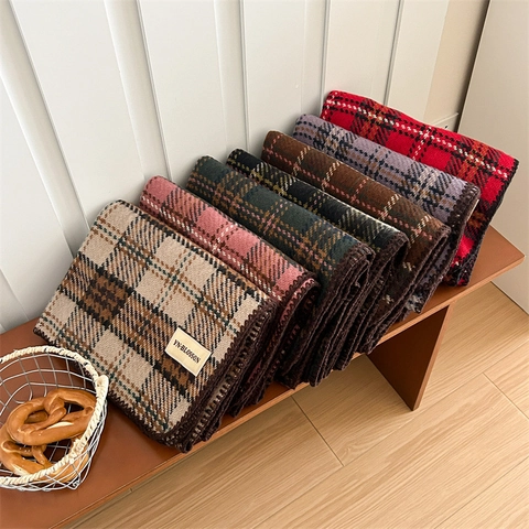 Winter Retro Plaid Scarf For Women Thick Faux Cashmere Warm Shawl Wrap With Lock Stitched Edges Fashion Versatile Neck Scarf