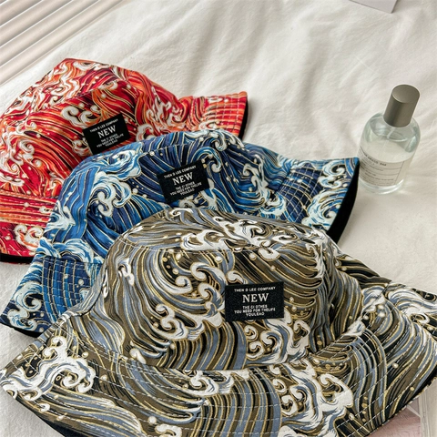 Bucket Hat Ukiyo-e Wave Pattern Japanese Style Auspicious Cloud Sun Protection Outdoor Summer Casual Retro Polyester Fabric