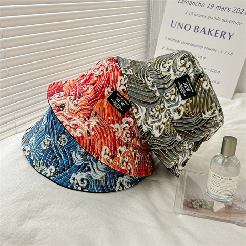 Bucket Hat Ukiyo-e Wave Pattern Japanese Style Auspicious Cloud Sun Protection Outdoor Summer Casual Retro Polyester Fabric