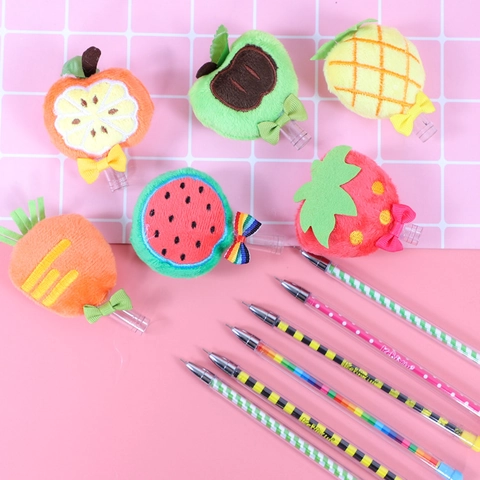Cute Fruit Plush Topper Gel Pen Black Ink Kawaii Strawberry Pineapple Carrot Shape Writing Pen For Office School Students