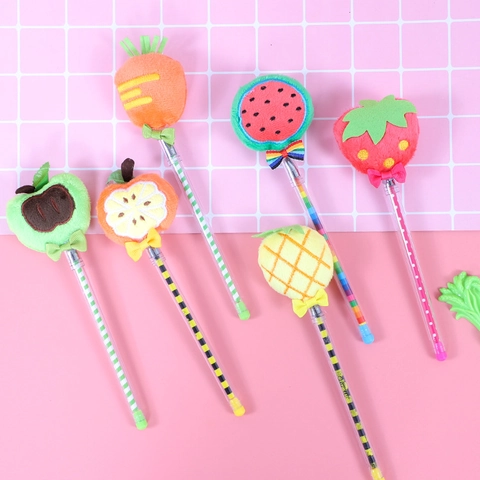 Cute Fruit Plush Topper Gel Pen Black Ink Kawaii Strawberry Pineapple Carrot Shape Writing Pen For Office School Students