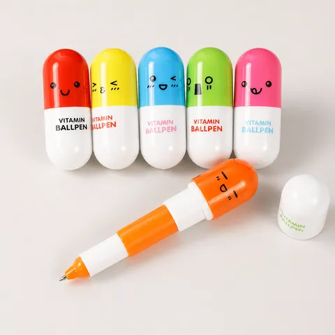 Creative Pill Shaped Retractable Ballpoint Pen Cute Cartoon Capsule Vitamin Smiling Face Ballpen For Kids School Office Stationery Gift