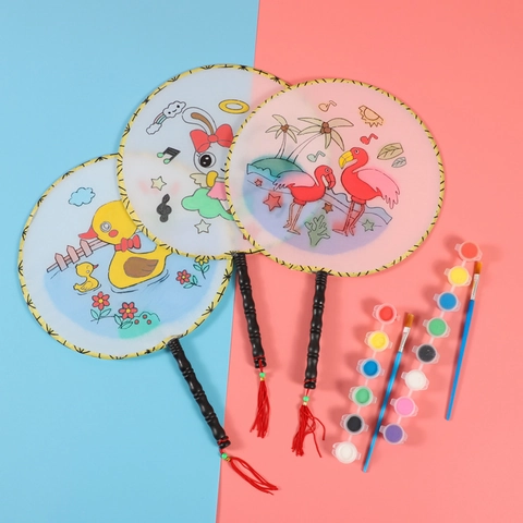 Enfants DIY Peinture Éventail Rond Tissu Satin Manche en Bambou Style Chinois Dessin Animé Floral Avec Peinture Acrylique Et Pinceau Cadeau Art Fait à la Main Éducatif