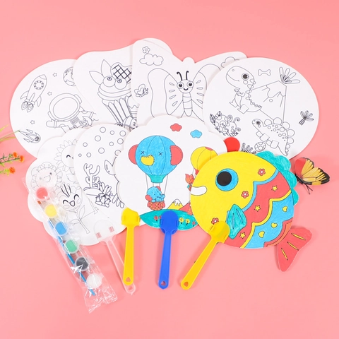 DIY Cartoon Handheld Paper Fan Set For Kids Coloring Painting Craft Kindergarten Students Gift Manual Educational Toy Hand Fan