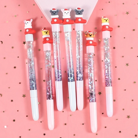 Christmas Quicksand Gel Pen Cartoon Animal In Stocking Liquid Glitter Decorative Plastic Writing Pen Student Gift Novelty