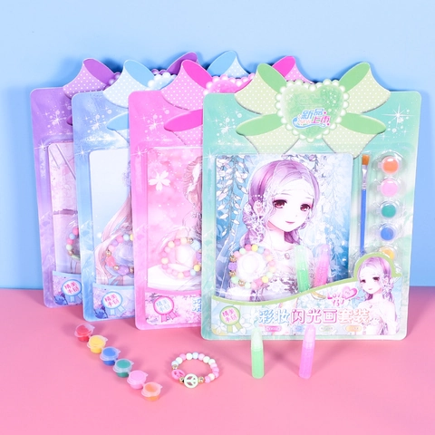 Kit de Peinture Pailletée Maquillage DIY Motif Fille Anime Art de Coloriage Fait Main Avec Peintures Pinceau Gel Pailleté Bracelet Enfants