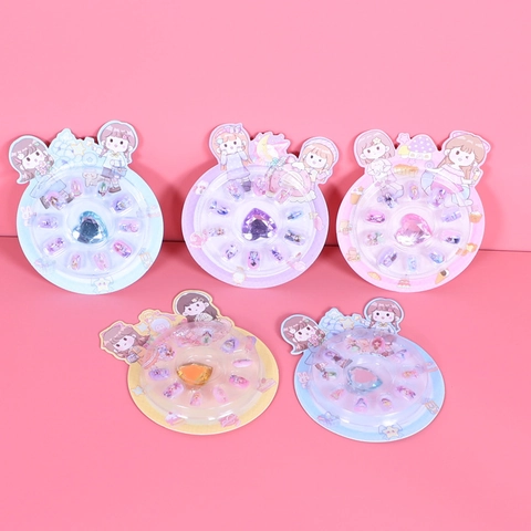 Kids Press On Nails Cartoon Girl Pattern DIY Nail Art Stickers With Heart Rhinestone Decoration Colorful Plastic Sweet