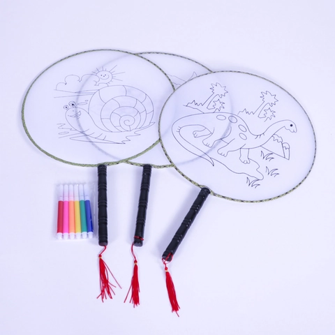 DIY Hand Painted Cartoon Round Fan Cloth Bamboo Craft Fan With Watercolor Markers And Tassels For Kids Art
