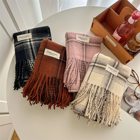 Karierter Schal Imitation Kaschmir Dick Warm Winter Quasten Schultertuch Damen Elegant Klassischer Stil