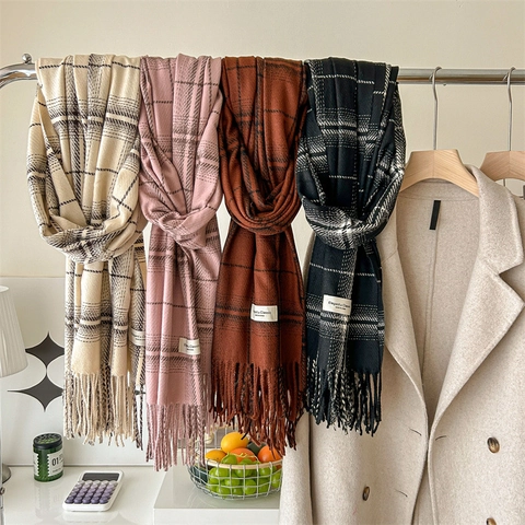 Karierter Schal Imitation Kaschmir Dick Warm Winter Quasten Schultertuch Damen Elegant Klassischer Stil