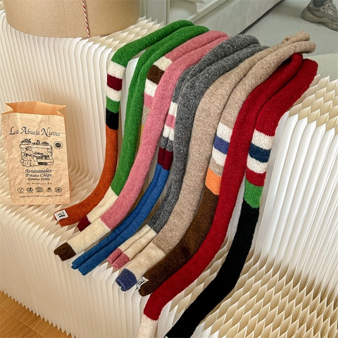 Gestreifter Color Block Strickschal Schmaler Langer Nackenwärmer Skinny Acryl Wollmischung Winter Warmer Pashmina Stil Damen