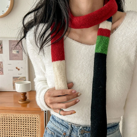 Gestreifter Color Block Strickschal Schmaler Langer Nackenwärmer Skinny Acryl Wollmischung Winter Warmer Pashmina Stil Damen