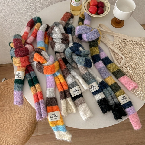 Damen Strickschal Mit Regenbogenstreifen Winter Warm Weich Polyester Strick Halswärmer Color Block Lange Mode Accessoire