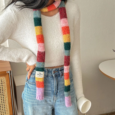 Damen Strickschal Mit Regenbogenstreifen Winter Warm Weich Polyester Strick Halswärmer Color Block Lange Mode Accessoire