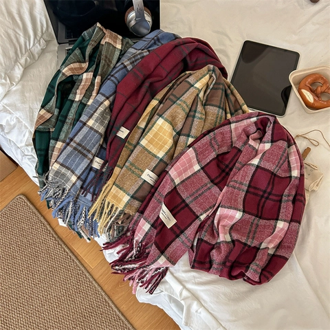 Sciarpa Invernale Da Donna Finto Cashmere Quadri Nappa Scialle Ispessito Caldo Retrò Stile Accademia Britannica Elegante Morbido Avvolgente