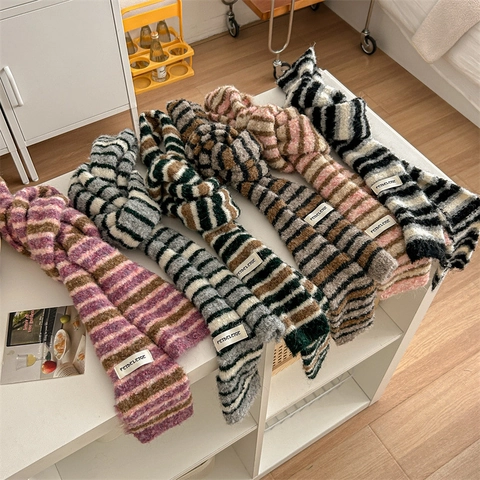 Women Winter Striped Knitted Long Scarf Y2K Style Warm Soft Polyester Neck Wrap Casual Decorative Scarf For Ladies
