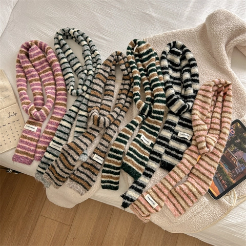 Women Winter Striped Knitted Long Scarf Y2K Style Warm Soft Polyester Neck Wrap Casual Decorative Scarf For Ladies