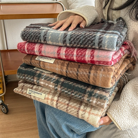 Winter Warm Plaid Tassel Scarf For Women Soft Thick Polyester Pashmina Shawl Wraps Classic Vintage Lattice Pattern Stole