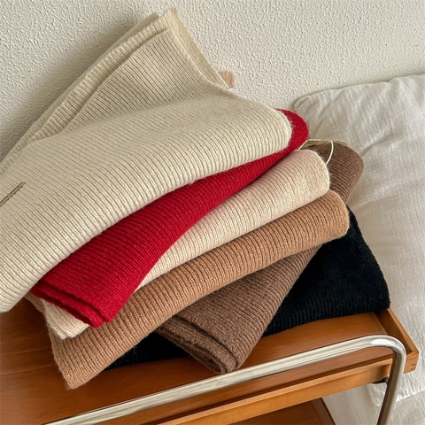 High Quality 100% Wool Knitted Scarf For Women Men Solid Color Ribbed Warm Winter Neck Wrap Elegant Minimalist Scarf