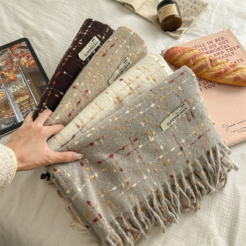 Women Winter Warm Imitation Cashmere Plaid Scarf Soft Thick Flecked Shawl With Tassels Korean Style Fashion Scarf For Women