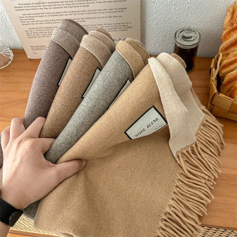 Bufanda de Mezcla de Lana de Doble Cara para Mujer Invierno Gruesa Cálida Color Sólido Chal de Borlas Pashmina de Moda Suave Larga