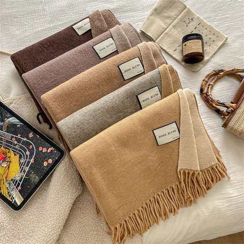 Bufanda de Mezcla de Lana de Doble Cara para Mujer Invierno Gruesa Cálida Color Sólido Chal de Borlas Pashmina de Moda Suave Larga