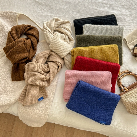 Women Fashion Winter Warm Knit Scarf Solid Color Ribbed Soft Yarn Neck Warmer Scarf With Letter Label For Daily Cold Weather Accessory
